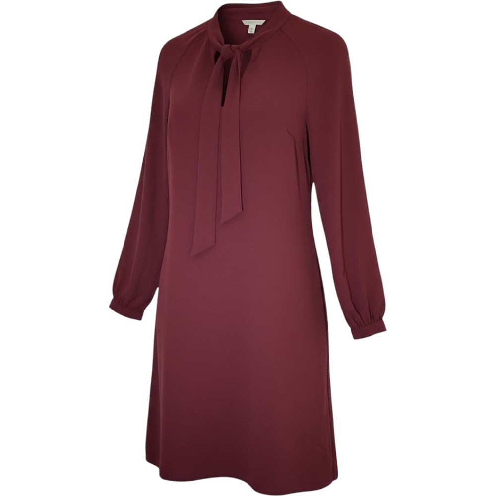 HM Burgundy Long Sleeve Tie Neck Shift Dress Bow Size 6